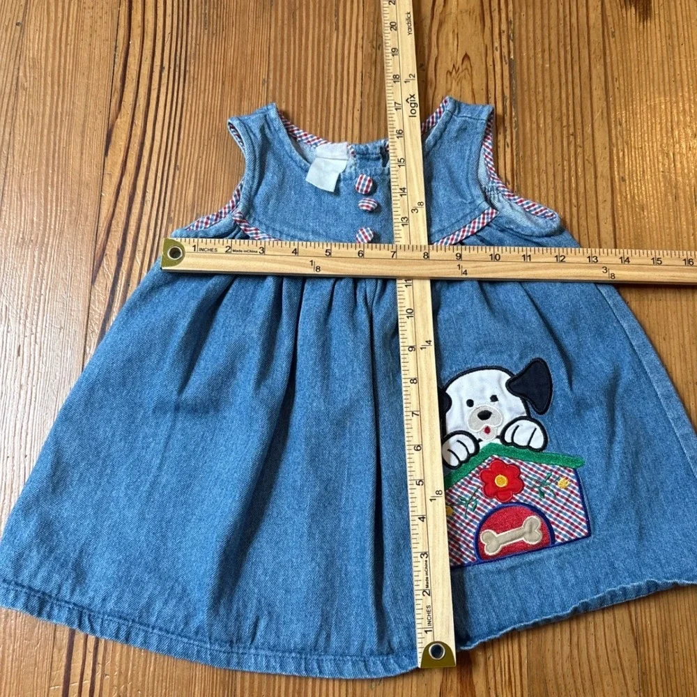 Vintage Denim Dress Baby Girl Blue Embroidered Puppy Doghouse SIZE 12m